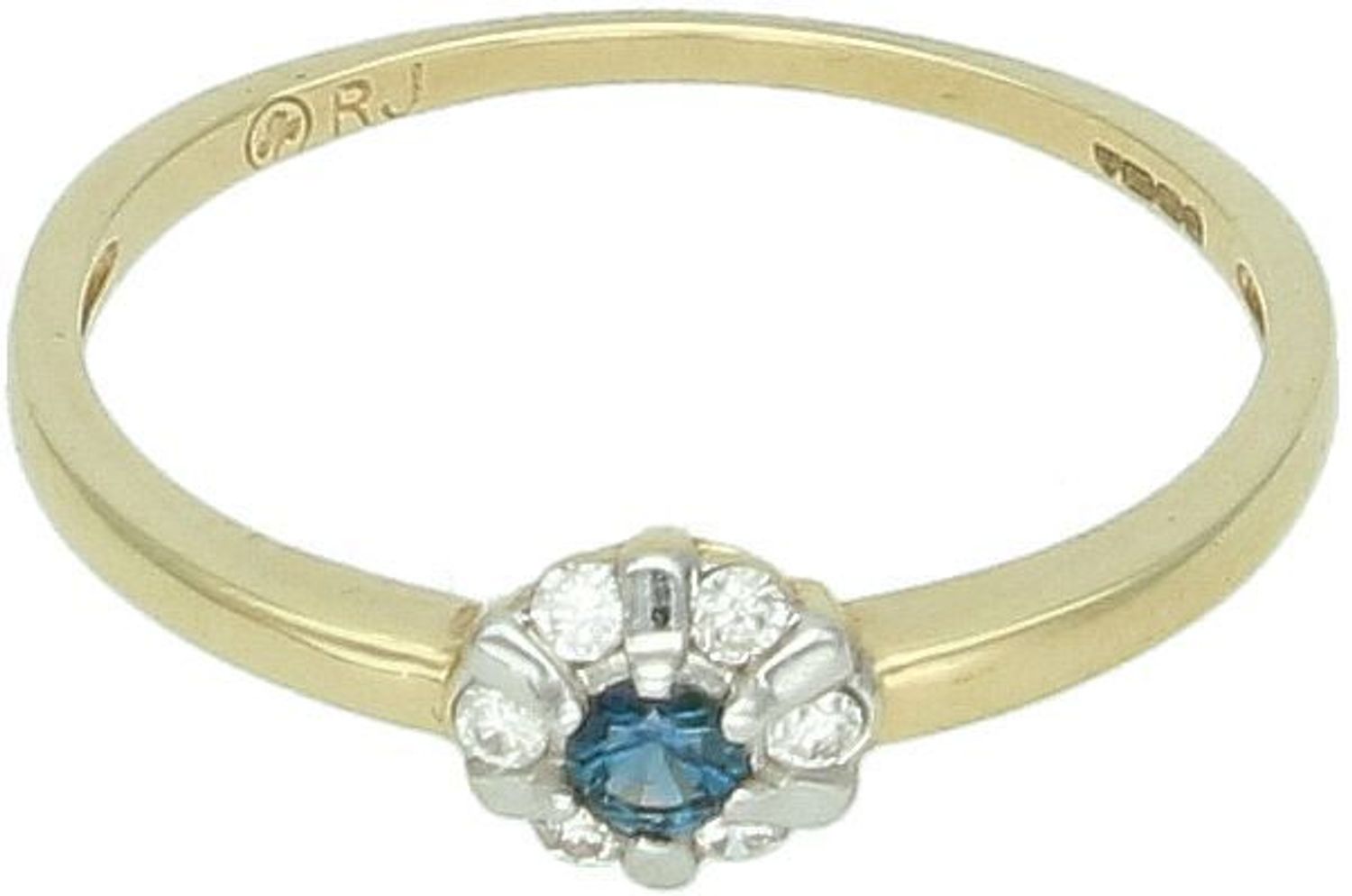 Pierścionek z żółtego złota 585 z szafirem 2,5 mm i 6 diamentami 0,07 ct (SI2H). Wzór w kształcie kwiatu. Delikatna, romantyczna biżuteria z certyfikatem.1.jpg